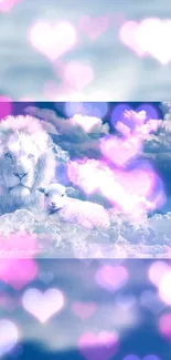 Lion and lamb on clouds with pink hearts in a dreamy sky.