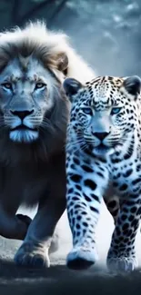 Lion and leopard walking together in misty forest.