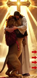 Man and lion embrace under radiant light.