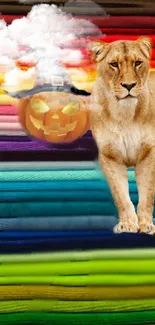 Lion and pumpkin with rainbow background art.