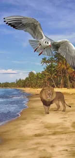 Lion on a tropical beach with seagull flying above under a blue sky.