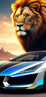 Majestic lion with sleek supercar in a desert landscape, blending power and beauty.