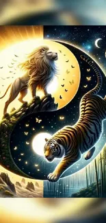 Lion and tiger in yin yang design illustrating day and night balance.