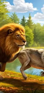Lion and wolf in a vibrant forest setting.