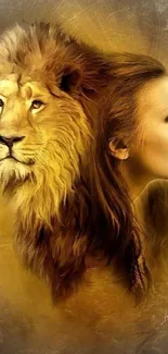 Artistic lion and woman fusion wallpaper in golden hues.