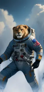 Lion in astronaut suit on celestial journey, surrounded by clouds and cliffs.