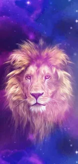 Majestic lion blended into a cosmic purple backdrop with stars.