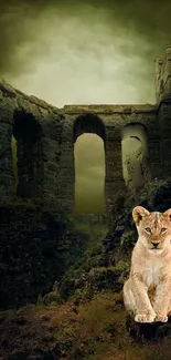 Lion cub in front of ancient ruins with a mystical atmosphere.