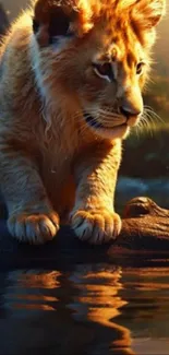 A young lion cub by a pond during sunset.