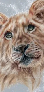 Realistic drawing of a lion cub with a beige background.