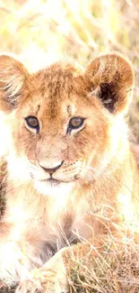 Adorable lion cub resting in the golden African savanna grass.