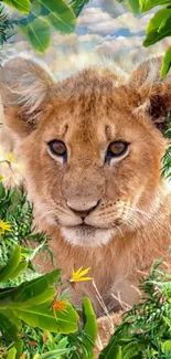 Lion cub amidst lush jungle foliage mobile wallpaper.