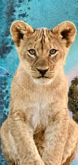 Lion cub on a tropical island with turquoise waters.