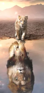 Lion cub looks into water, seeing lion reflection.