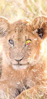 Lion cub with an emoji eye in a rainy savanna setting.