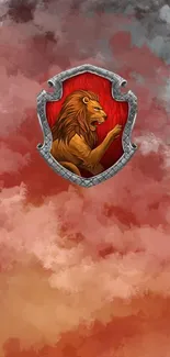 A lion emblem on a vibrant red and gray fiery mobile wallpaper.