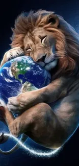 Lion cradling Earth in cosmic scene
