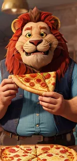 Cheerful lion character enjoying a slice of pizza.