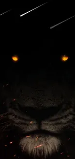 Majestic lion's glowing eyes in dark wallpaper.