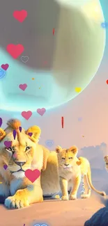 Lion family with heart confetti under a dreamy light blue sky.