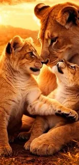 A lion family cuddles under a golden sunset with warm orange hues.