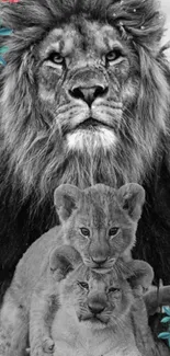 Black and white wallpaper of lion and cubs in a majestic pose.