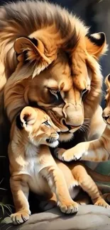 Lion family with cubs in an artistic setting.