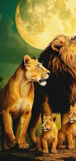 Lion family standing beneath a full moon.