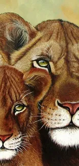 Lioness and cub in artistic wildlife painting.