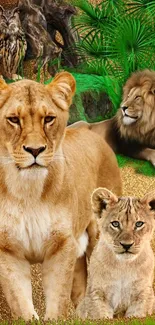 Lion family in a jungle setting with golden tones.