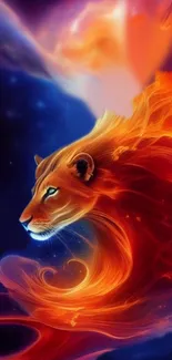 Fantasy lion with fiery mane on cosmic background.