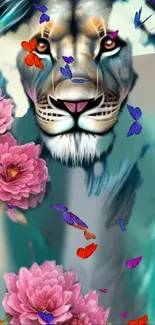 Colorful lion and flowers in fantasy art wallpaper.