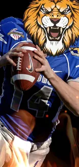 Lion-headed athlete holding a football against a dark background.