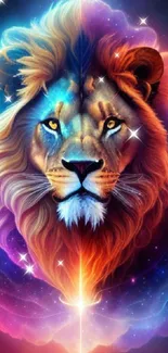 Majestic lion in a vibrant galaxy setting, blending art and cosmic elements.