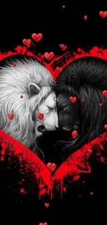 Black and white lions in red heart background.