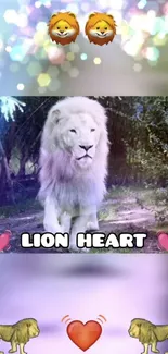 White lion stands majestically in forest with heart and lion icons.