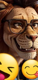 Lion cartoon character with glasses and emojis, vibrant mobile wallpaper.