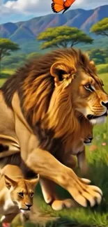 Lion and cubs in African savannah wallpaper.