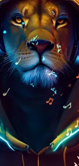 Lion wearing a hoodie with headphones and colorful music notes.