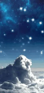 Majestic lion formed from clouds under starry sky.