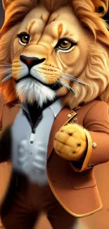 Cartoon lion wearing a stylish brown suit.