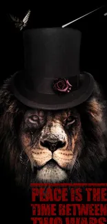 Lion wearing top hat with peace message on black background.