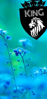 Blue floral wallpaper with lion emblem reading 'KING' at the top center.