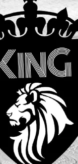 Monochrome wallpaper featuring a lion crest with the word 'King'.