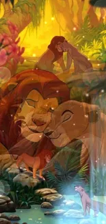 Lion King characters in a vibrant jungle setting with magical elements.