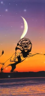 Lion leaping in front of a crescent moon at sunset.