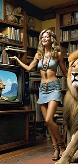 A woman with a lion in a vintage living room setting for phone wallpaper.