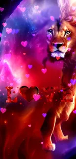 Lion with cosmic hearts wallpaper in vibrant purple and red hues.