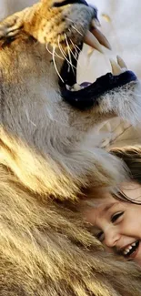 Child hugging a roaring lion in nature scene.