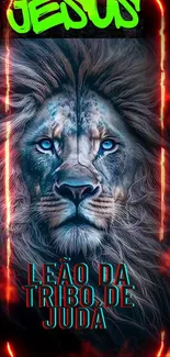 Lion of Judah with vibrant flames in mobile wallpaper.